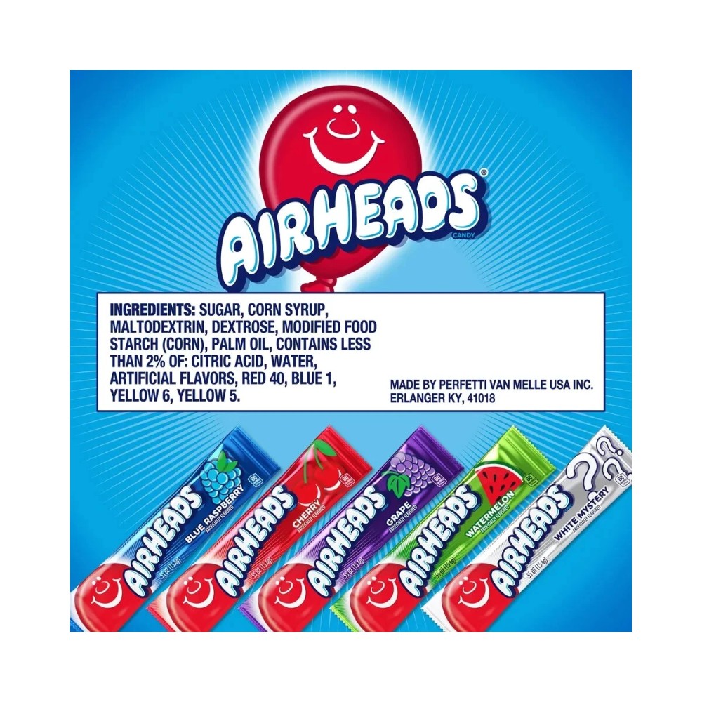Airheads Candy Bars Assorted Fruit Flavours 5's 2.75oz (78g) - Pack of 18