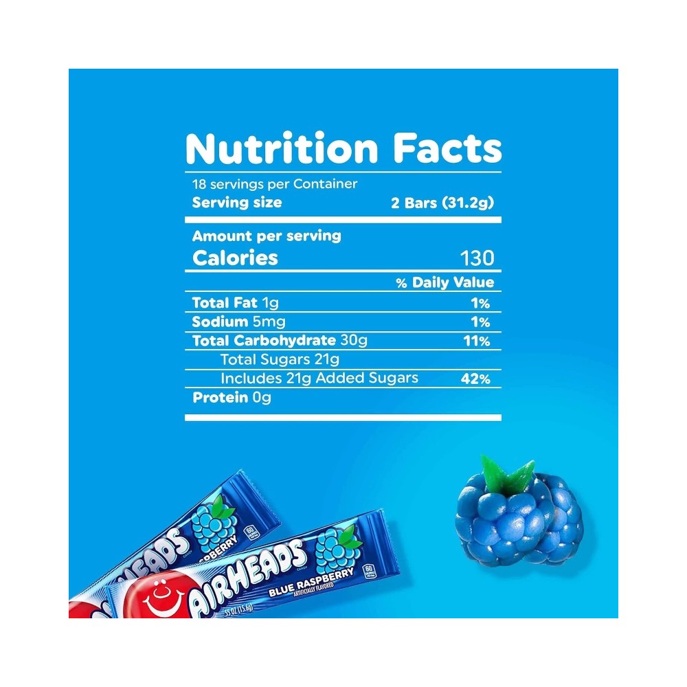 Airheads Candy Bars Blue Raspberry 0.55oz (15.6g) - 36 Bars