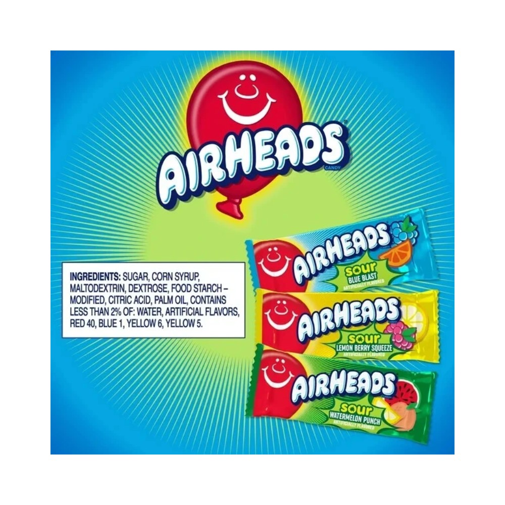 Airheads Sour Mini Candy Bars Assorted Fruit Flavours 3oz (85g) - Pack of 12