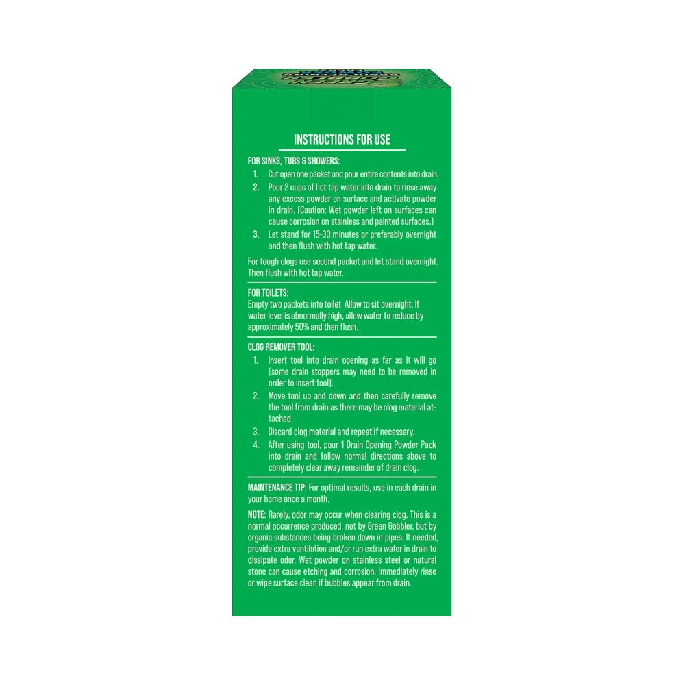 Green Gobbler Drain Opening Powder Packs X3 with Clog Remover Stick