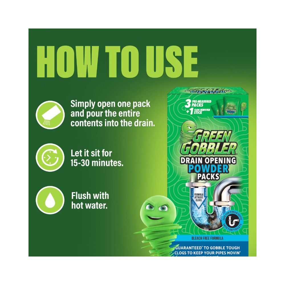 Green Gobbler Drain Opening Powder Packs X3 with Clog Remover Stick