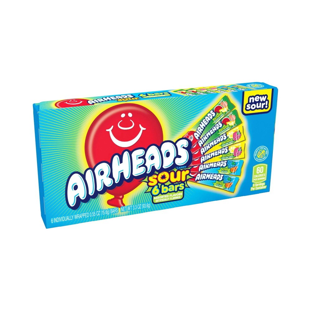 Airheads Sour Candy Bars Assorted Fruit Flavours 6’s 3.3oz (98.6g) - Pack of 12