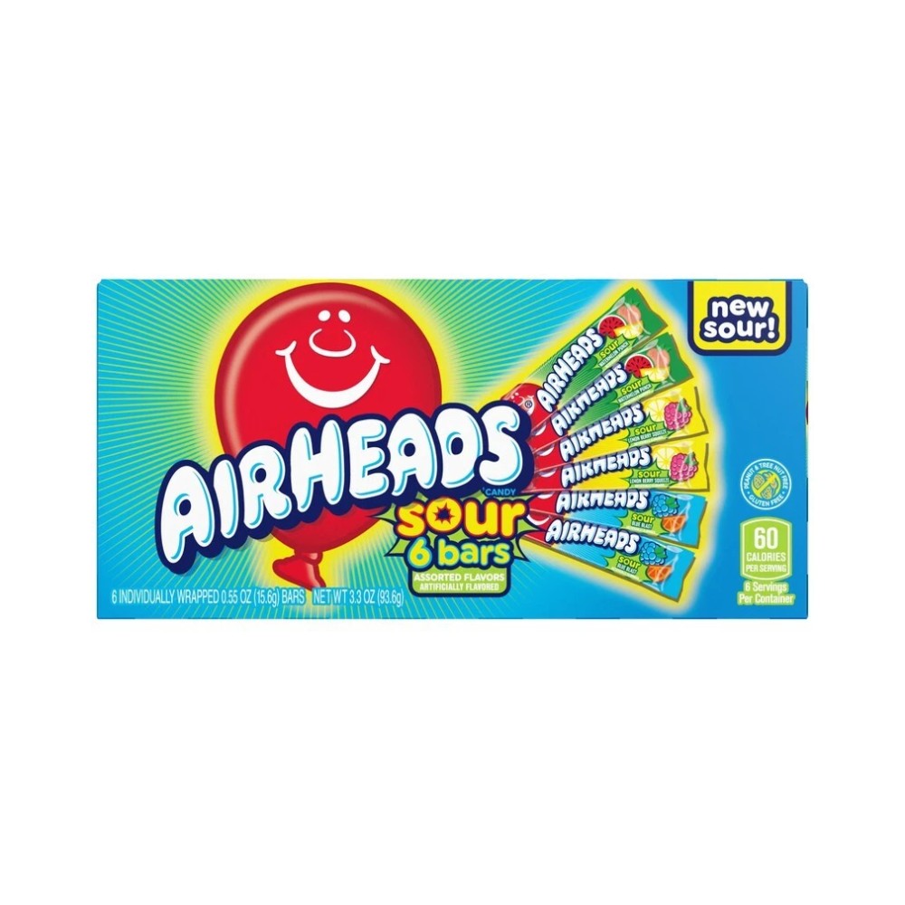Airheads Sour Candy Bars Assorted Fruit Flavours 6’s 3.3oz (98.6g) - Pack of 12