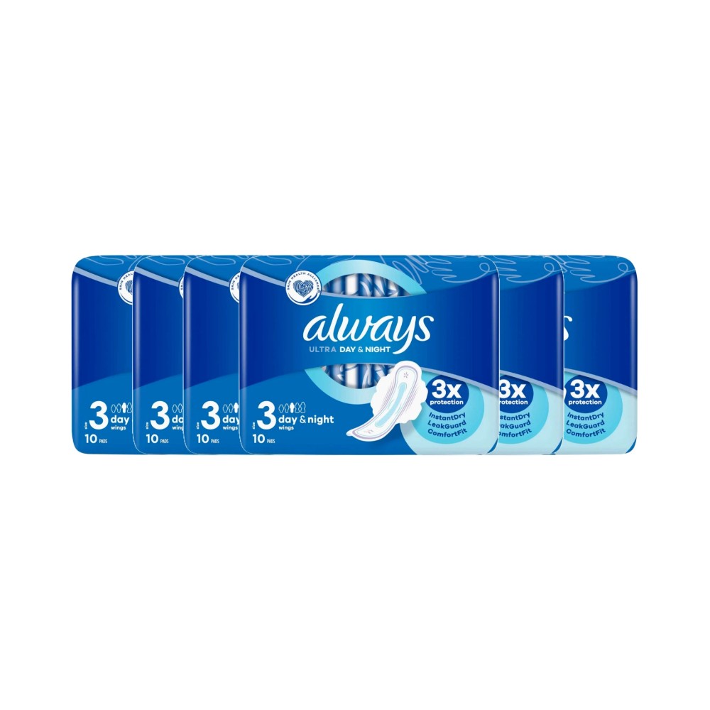 Always Ultra Day & Night Sanitary Towels with Wings 10's (Size 3) - Pack of 6