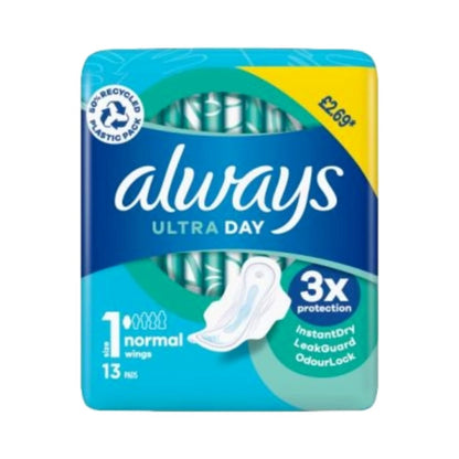 Always Ultra Day Sanitary Towels Normal with Wings 13's (Size 1) - Pack of 6