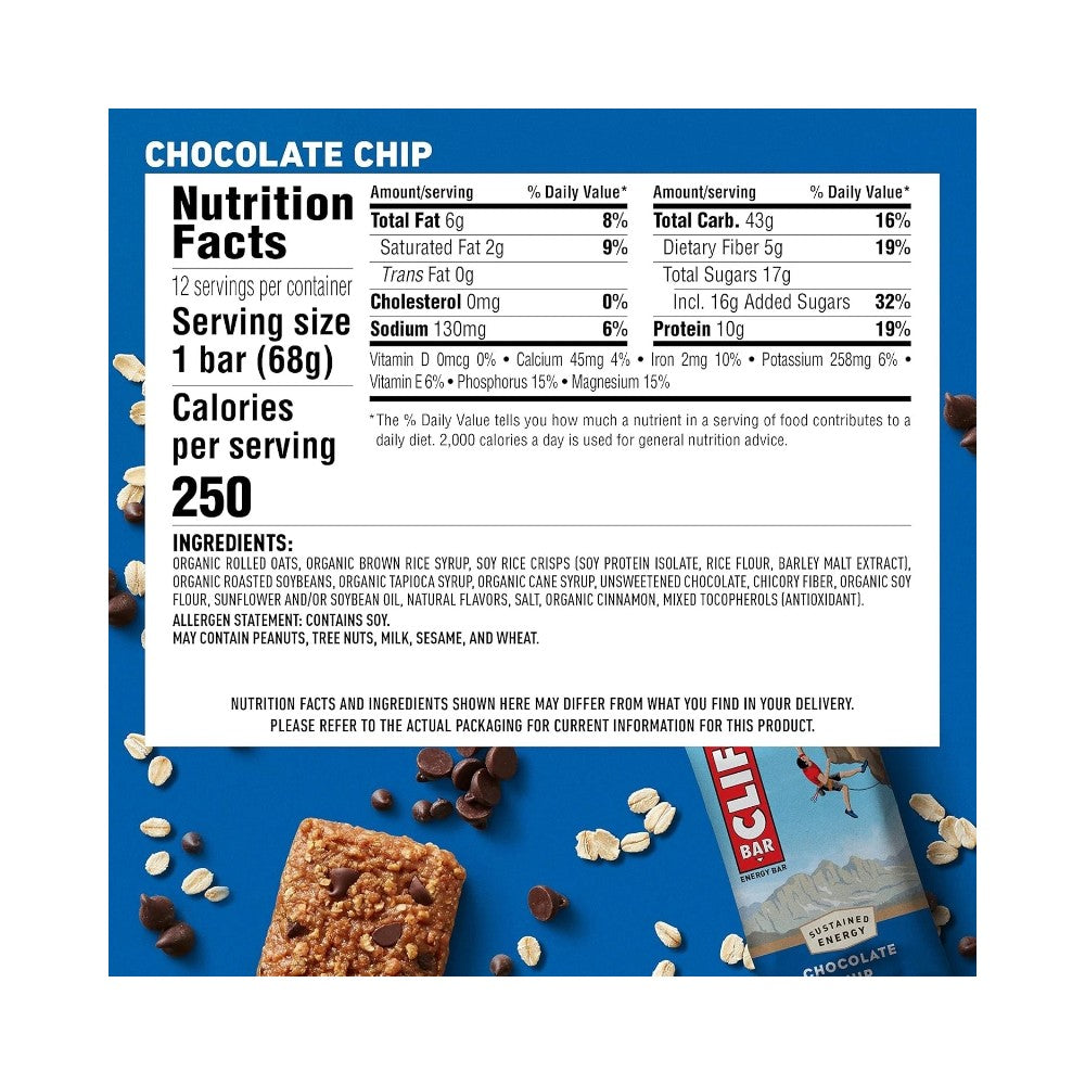 CLIF BAR Chocolate Chip Energy Bars 68g - Pack of 12