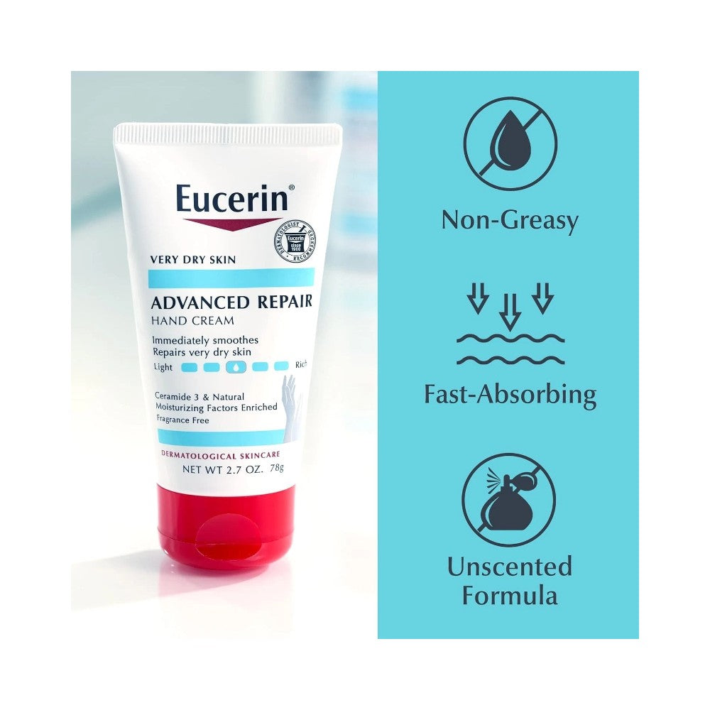 Eucerin Advanced Repair Hand Cream Moisturizer Tube 2.7oz (78g) - Fragrance Free