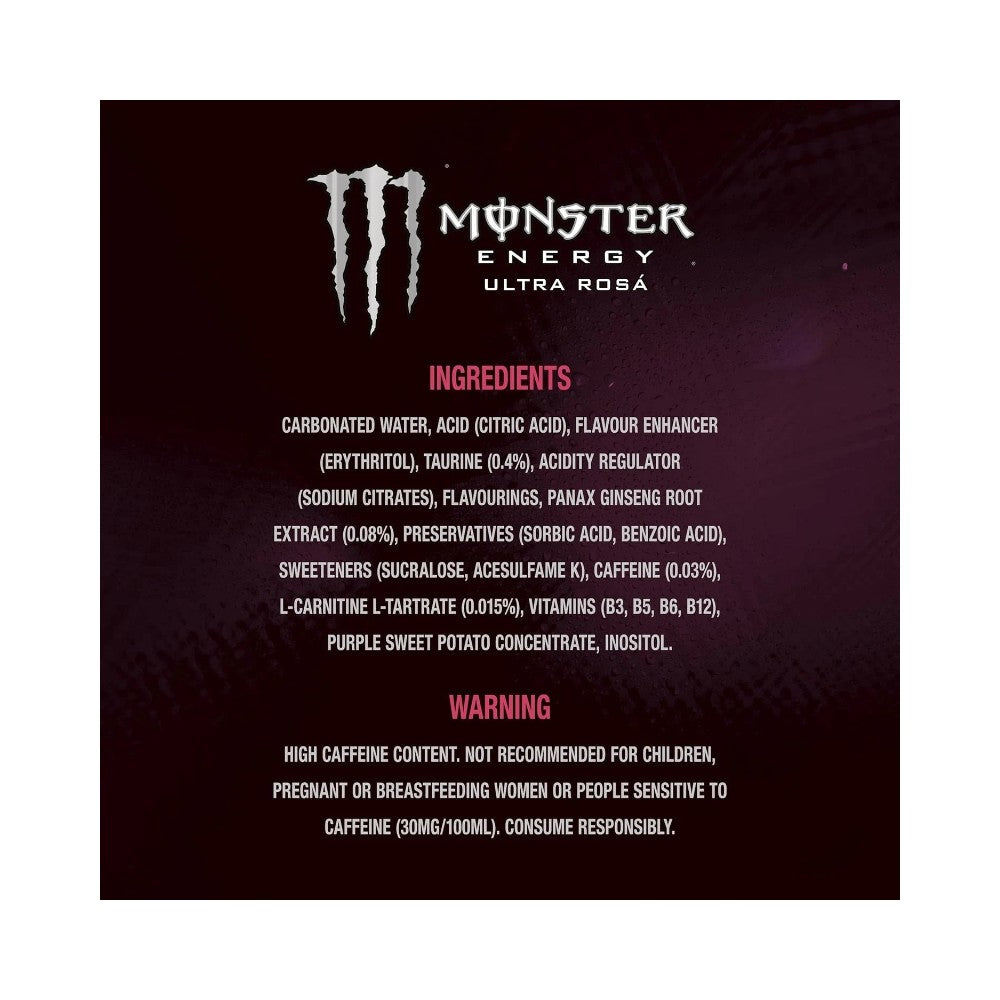 Monster Ultra Rosa Zero Sugar Energy Drink Cans 500ml - Pack of 12