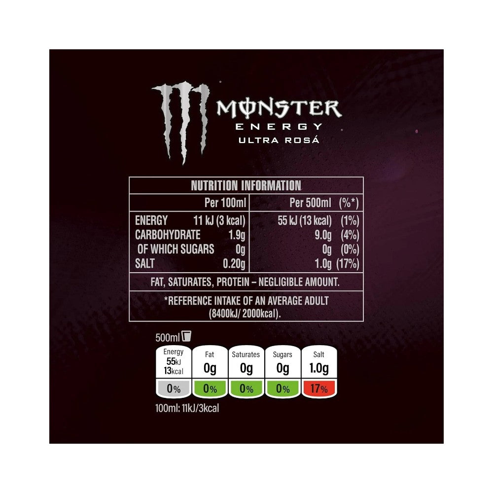 Monster Ultra Rosa Zero Sugar Energy Drink Cans 500ml - Pack of 12