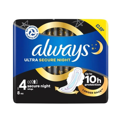 Always Ultra Secure Night Sanitary Towels with Wings 8's (Size 4)
