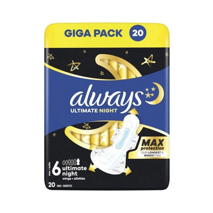 Always Ultimate Night Sanitary Towels with Wings 20's - Size 6
