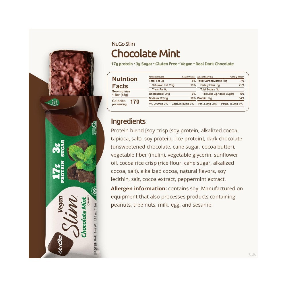 NuGo Slim Crunchy Chocolate Mint Protein Bar 1.59oz (45g) - 12 Bars
