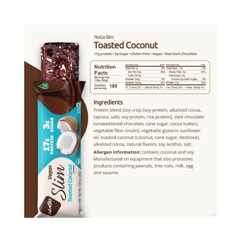 NuGo Slim Crunchy Dark Chocolate Toasted Coconut Protein Bar 1.59oz (45g) - 12 Bars