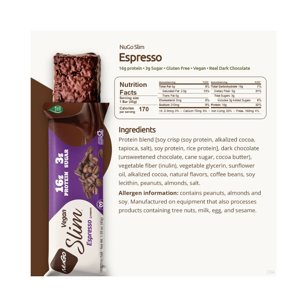 NuGo Slim Crunchy Dark Chocolate Espresso Protein Bar 1.59oz (45g) - 12 Bars