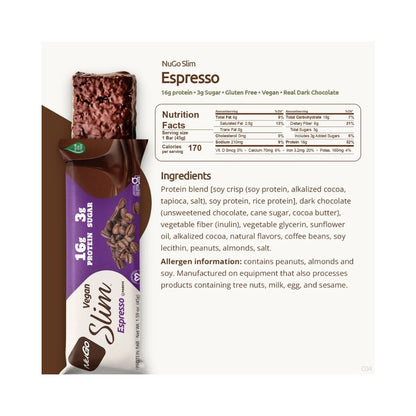 NuGo Slim Crunchy Dark Chocolate Espresso Protein Bar 1.59oz (45g) - 12 Bars
