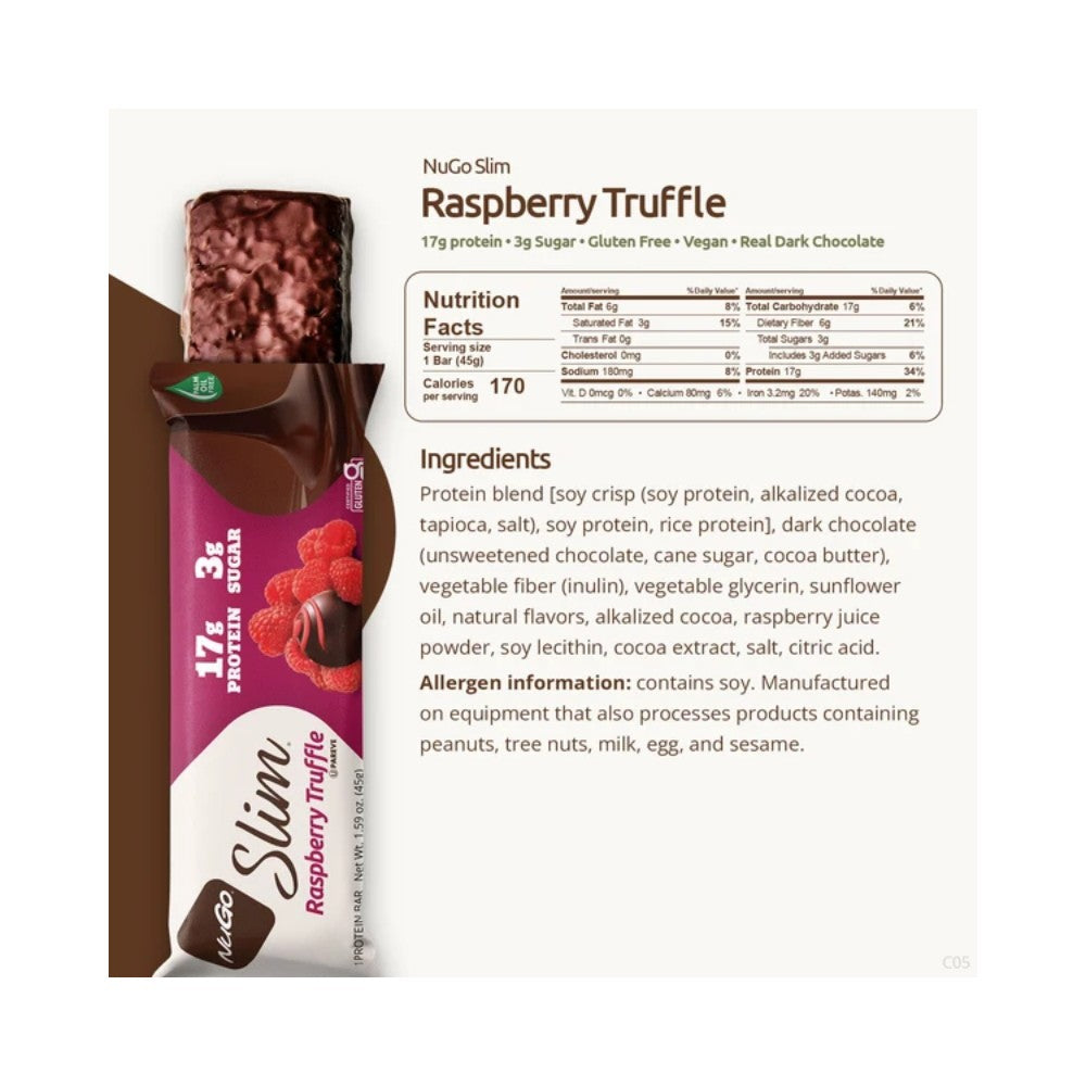 NuGo Slim Crunchy Dark Chocolate Raspberry Truffle Protein Bar 1.59oz (45g) - 12 Bars
