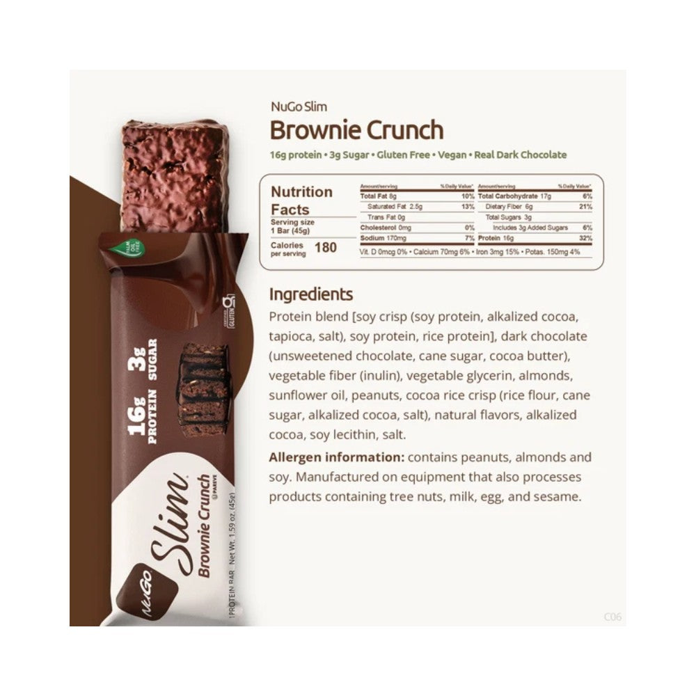 NuGo Slim Dark Chocolate Brownie Crunch Protein Bar 1.59oz (45g) - 12 Bars