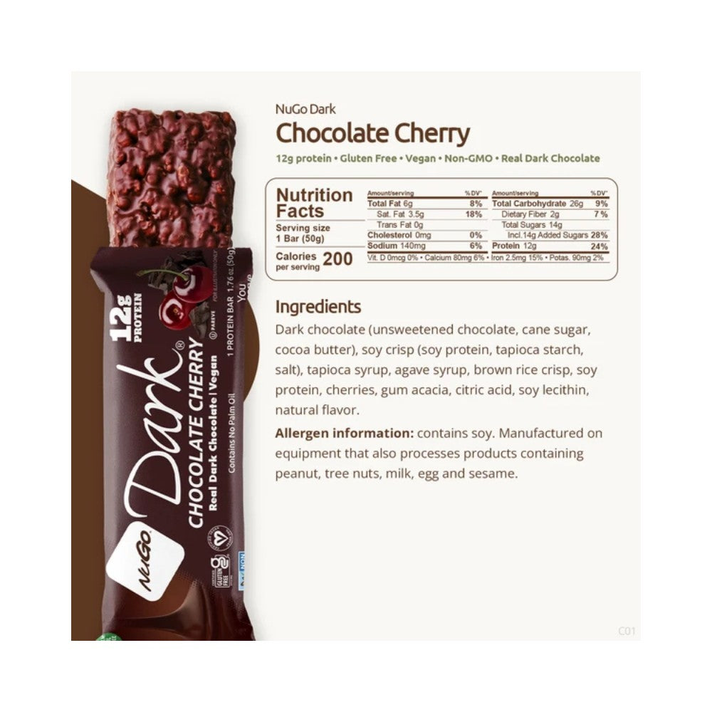 NuGo Dark Chocolate Cherry Protein Bar 1.76oz (50g) - 12 Bars