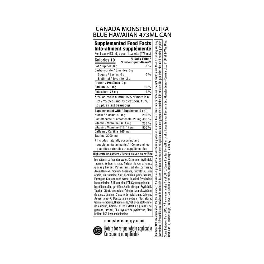 Monster Ultra Blue Hawaiia Zero Sugar Energy Drink Can 16oz (473ml) - Pack of 12